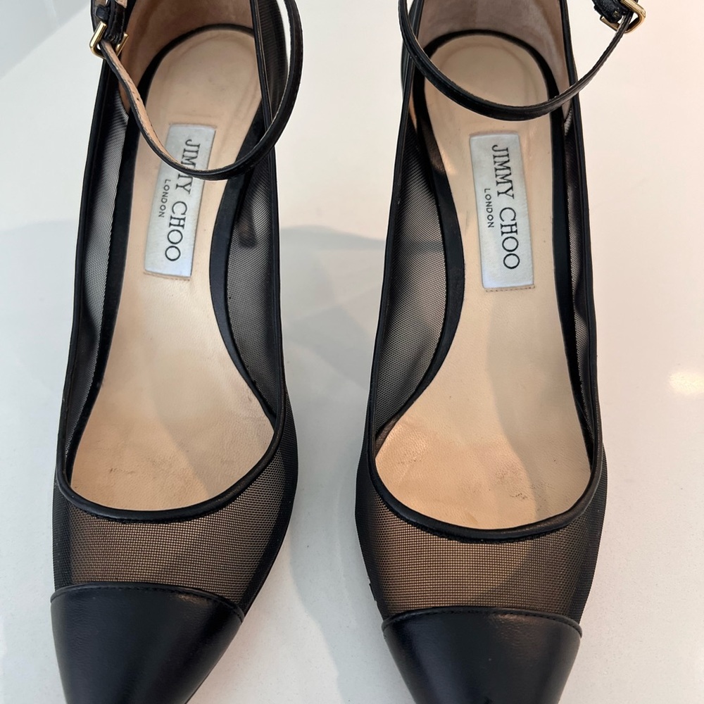 Authenticate Jimmy Choo kitten heel mesh pump with ankle strap.